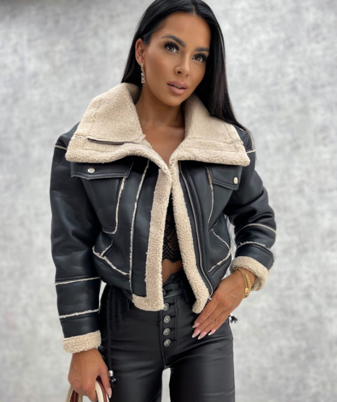 Dam Lädercyklistjacka Biker Sherpa-foder-1