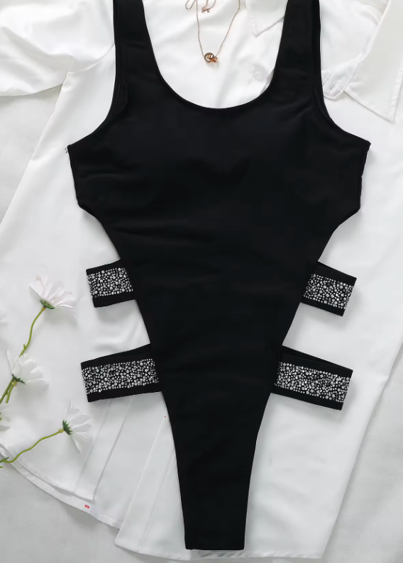 Baddräkt Dam Högklippt med Kristall Detaljer i Nylon och Spandex-3