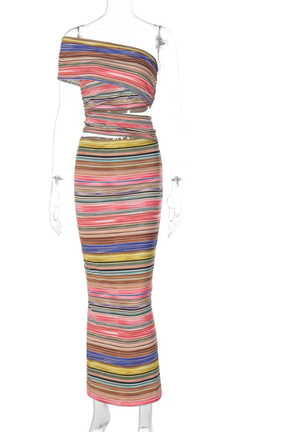 Dam Bodycon Klänning Figurnära Stretchigt Tyg med Färgglada Ränder-4