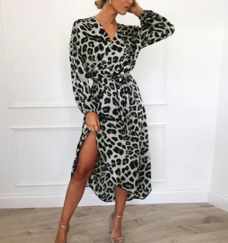 Damklänning V-ringad A-linjeformad Polyester Leopardmönster-5