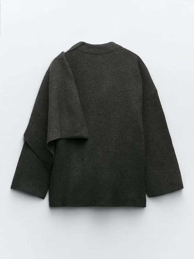 Dam Cape Coat Casual Mjuk Stickning med Sydd Halsduk-6