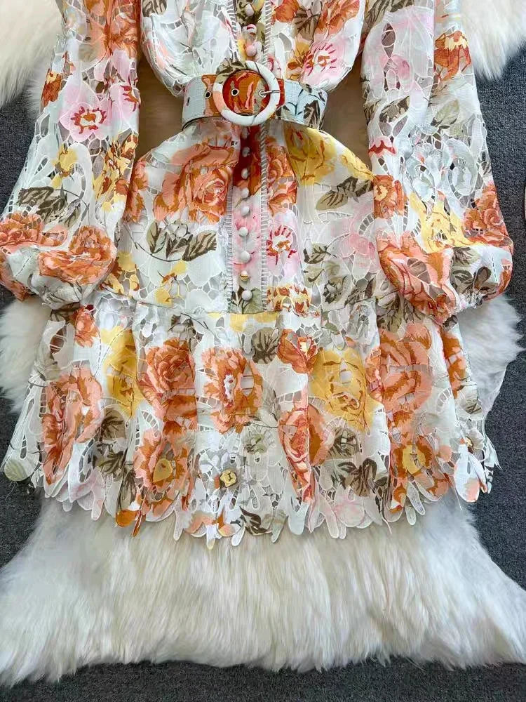 Kvinnors Miniklänning Blommig Broderi Bomull Lykta Ärmar 5