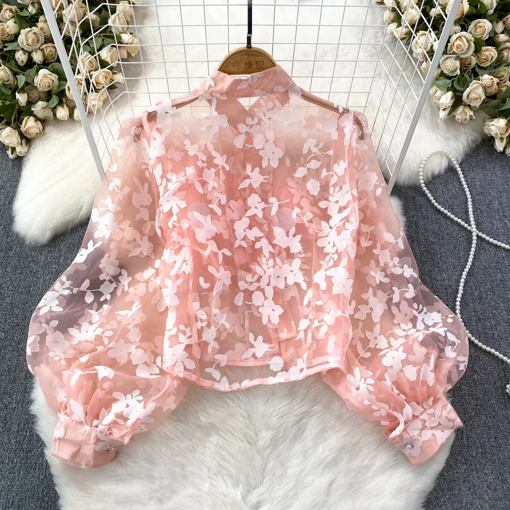 Dam Blus Blommönster Polyester Akryl Normal Passform-3
