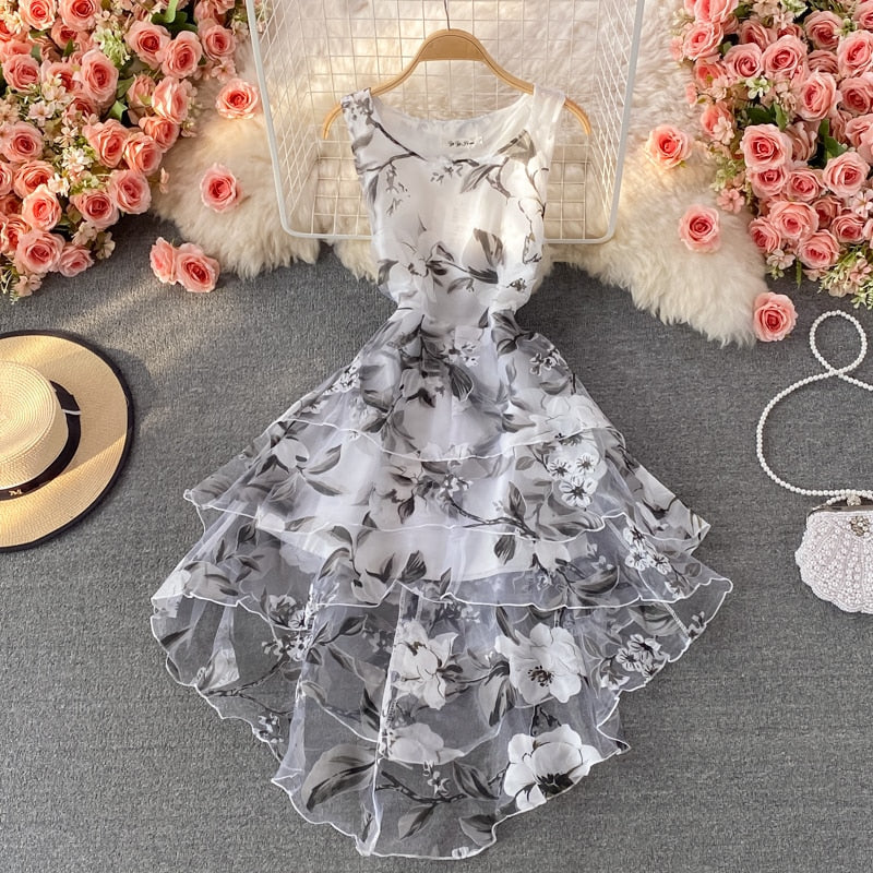 Kvinnors Midi Klänning Blommönster Organza A-Linje-4