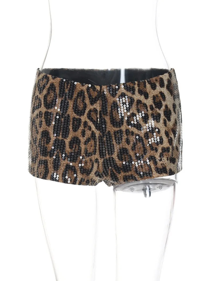 Dam Mini Shorts Leopardmönster Paljetter Bomull-1