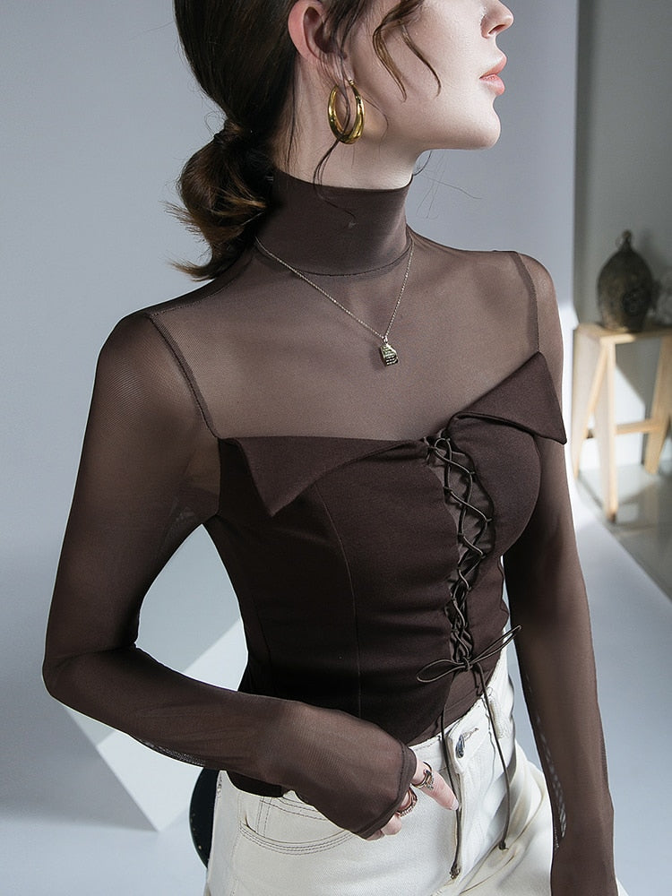 Dam Blus Turtleneck Långärmad Polyester för Mångsidig Styling-3