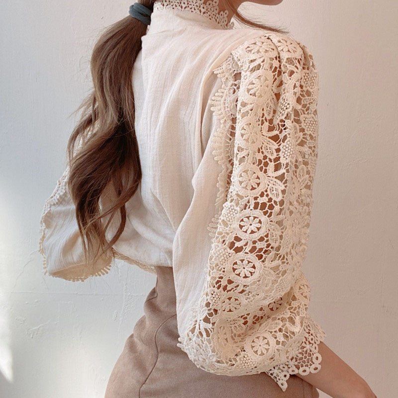 Dam Blus Blommönster Polyester och Bomull med Spetsdetalj-5