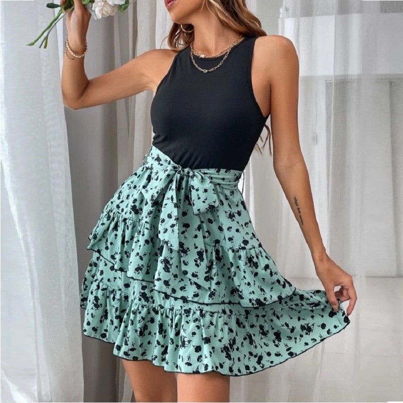 Kvinna Blommönstrad Kjol med Ruffles Polyester-5