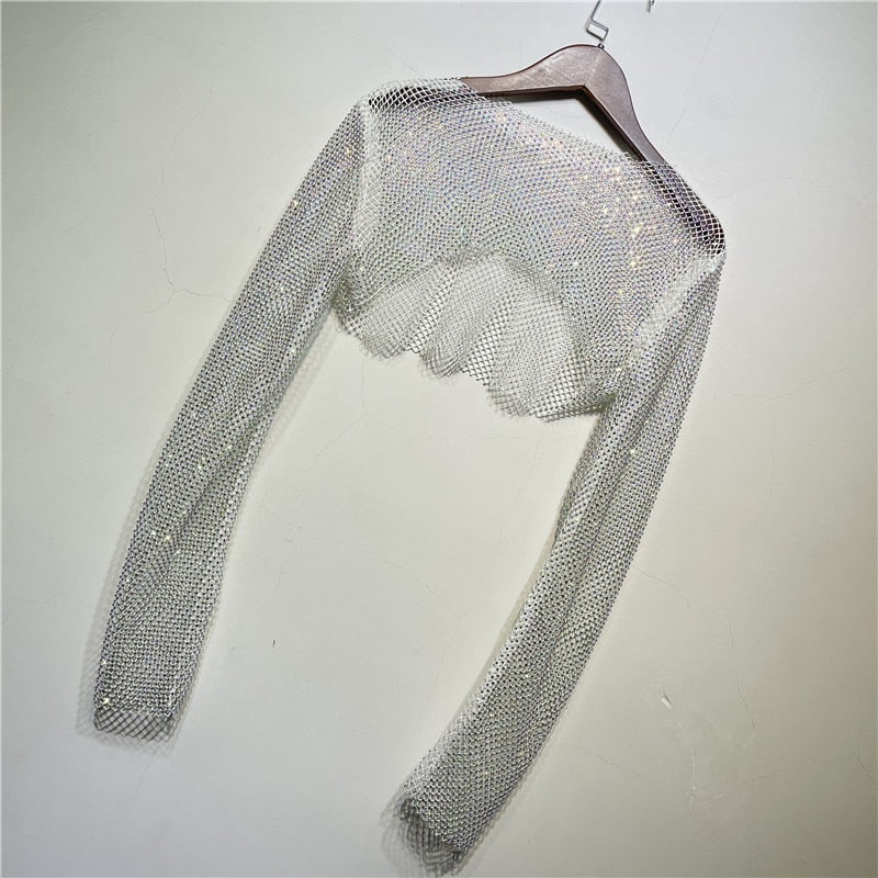 Dam Crop Top med Glansig Dekoration i Polyester – Lång Ärmlängd och Elastisk Passform 11