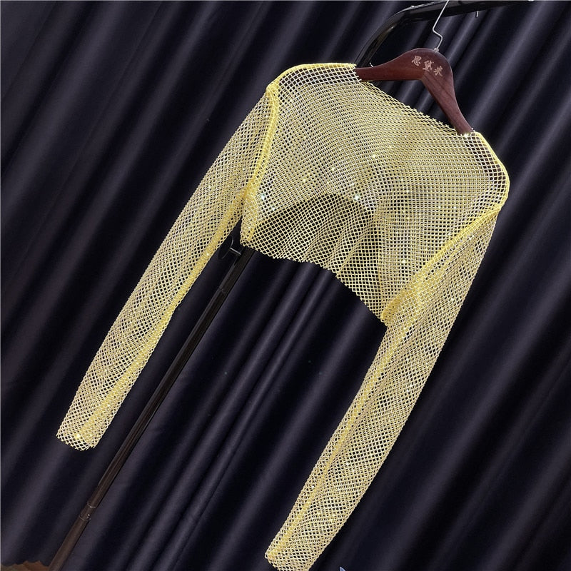 Dam Crop Top med Glansig Dekoration i Polyester – Lång Ärmlängd och Elastisk Passform 1