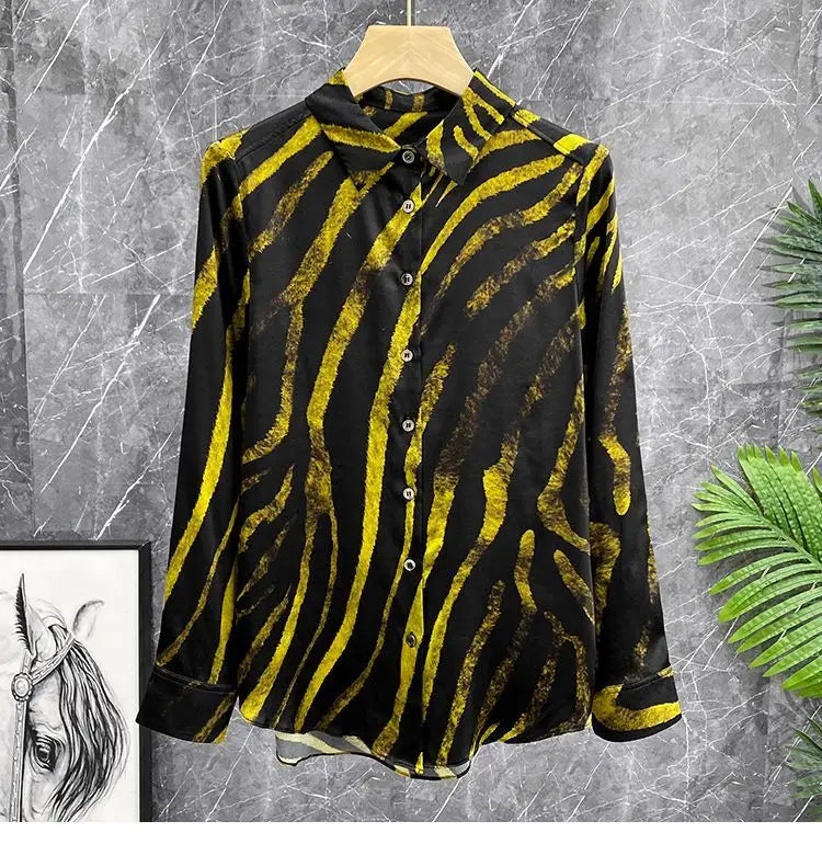 Dam Skjorta Randig Siden Polyester Långärmad-3
