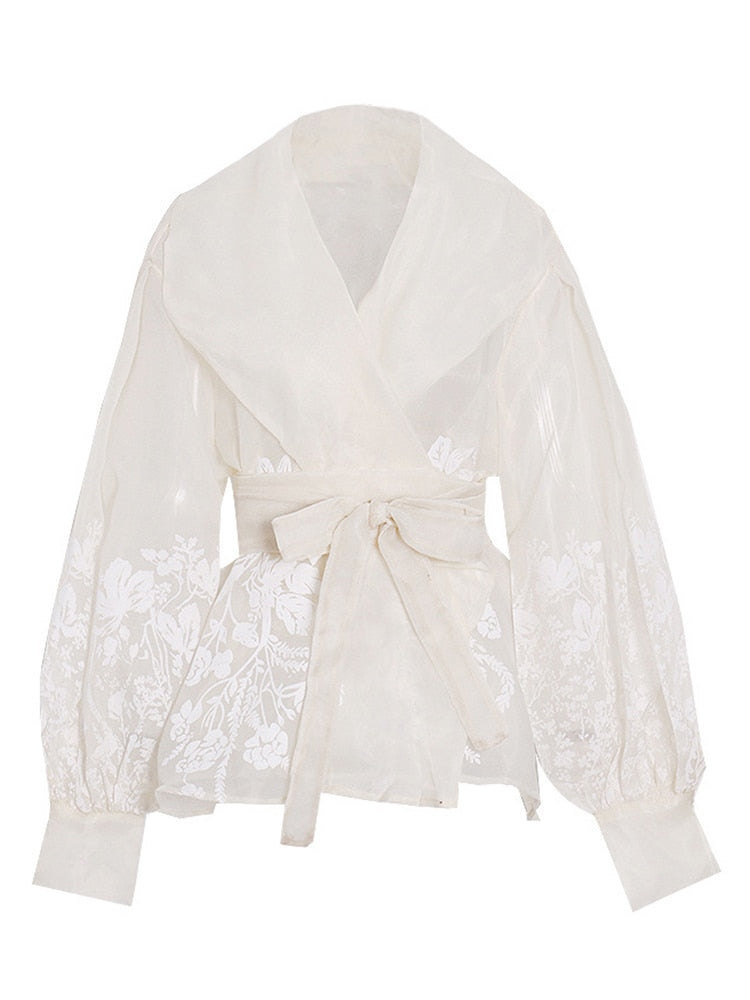 Variant image for Vit Blus Dam med Blommönster och Lykta Ärmar i Polyester-1