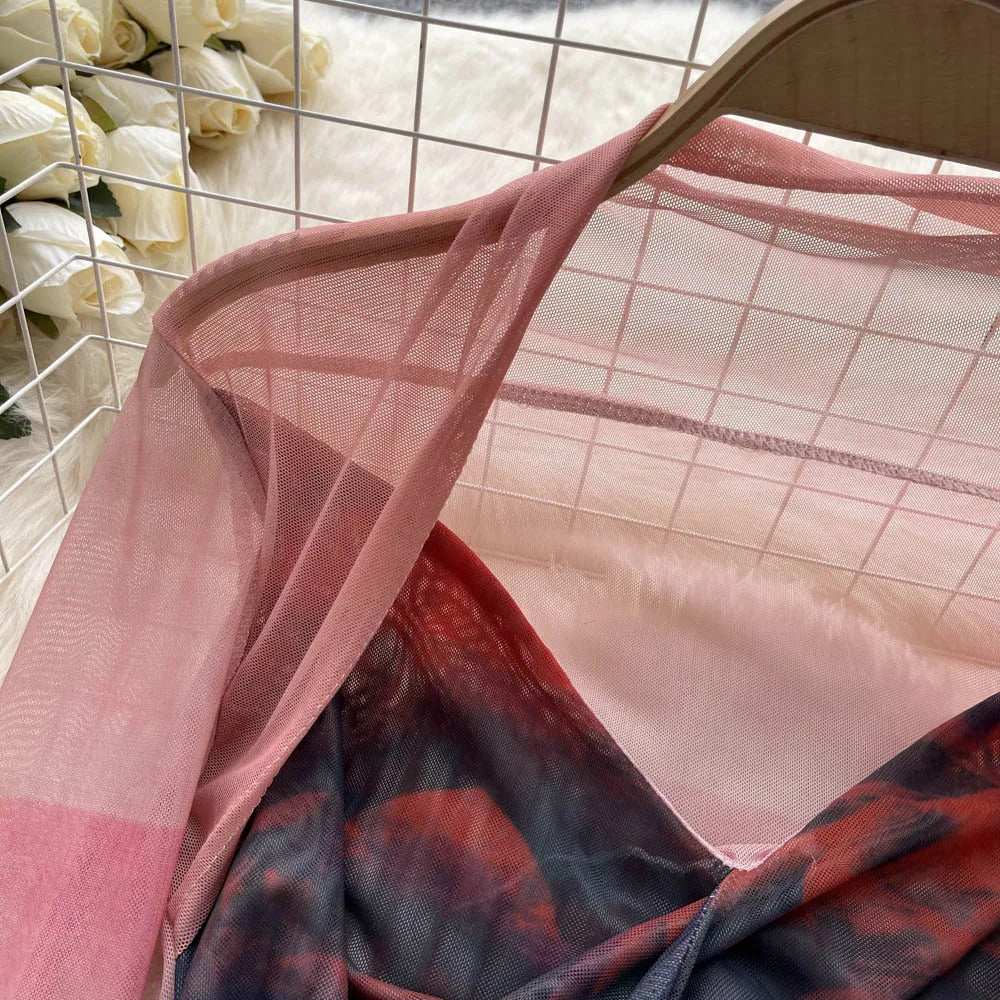 Dam Skördetopp Batikdesign V-ringning Blandat Material-3