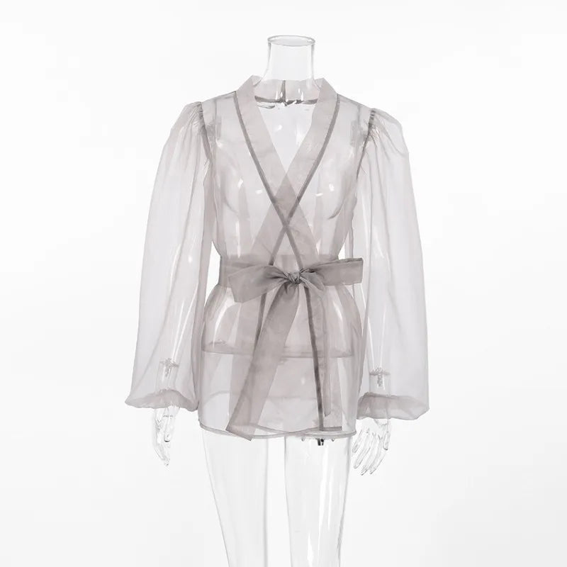 Dam Blus Transparent Organza med Länkbälte Elegant Stil-5