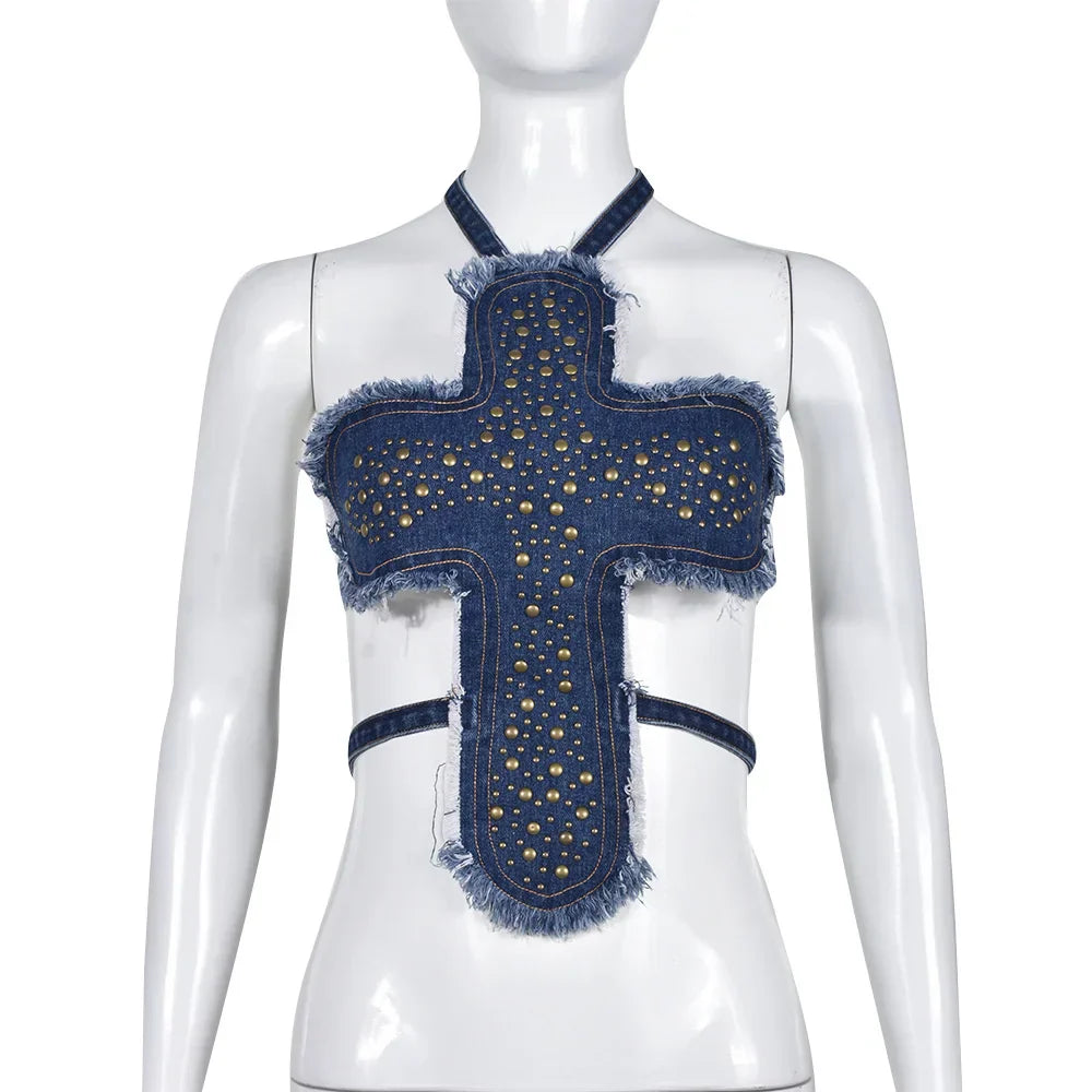 Dam Kort Topp Denim Bomull Polyester-1