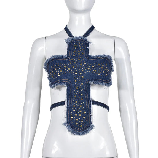 Dam Kort Topp Denim Bomull Polyester-1