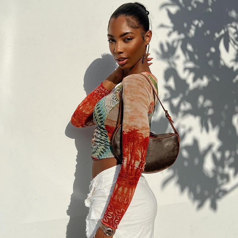 Dam Långärmad Topp Mesh Tatueringstryck-2