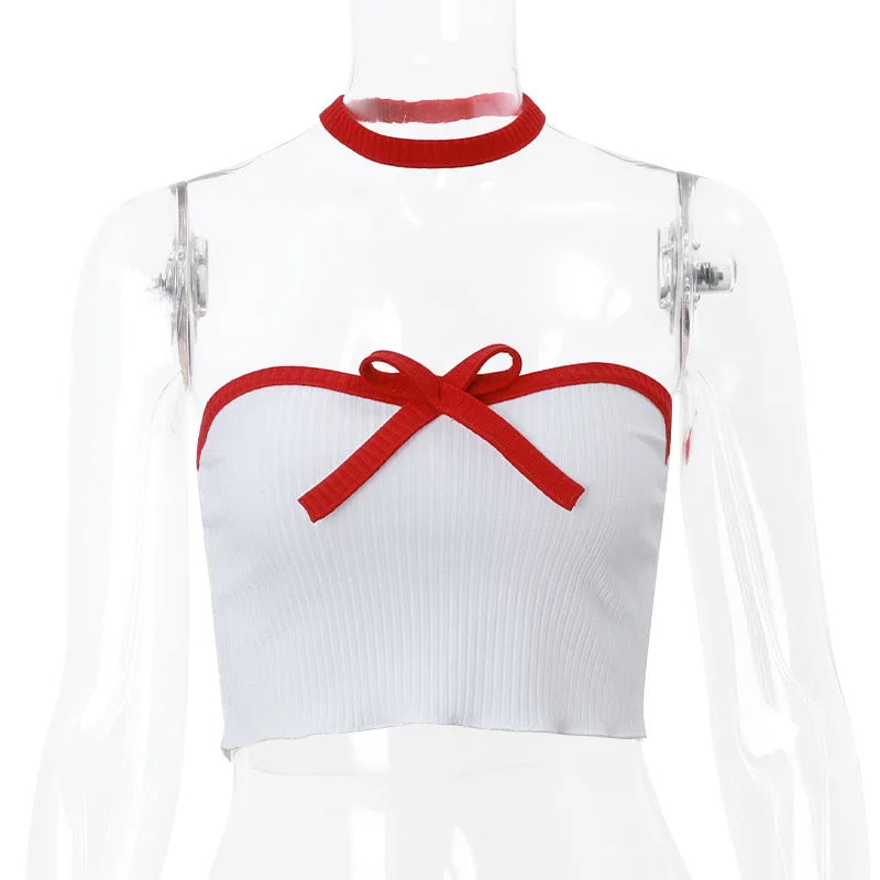 Dam Crop Top Dekorativt Band Polyester Spandex 5