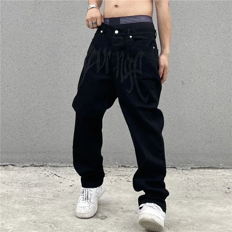 Herr Baggy Jeans med Gotiskt Broderi i Högkvalitativ Denim-4