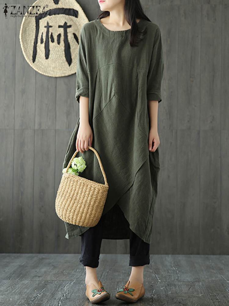 Damklänning Midi Asymmetrisk Långärmad Bomull-5