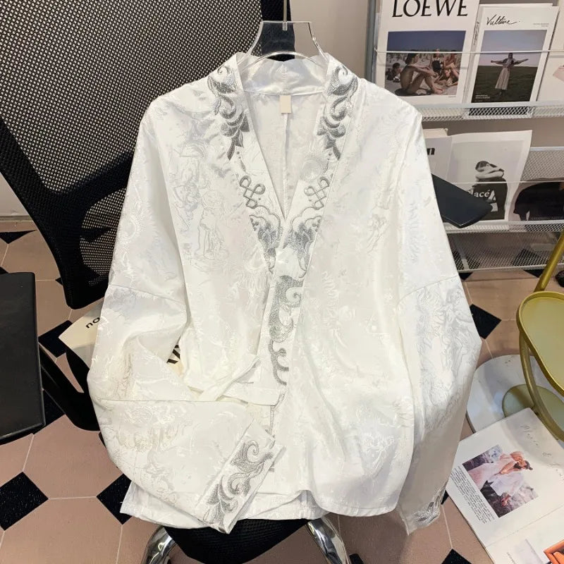 Blus Dam Blommig V-hals Lång Ärme Satin-1