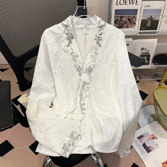 Blus Dam Blommig V-hals Lång Ärme Satin-1