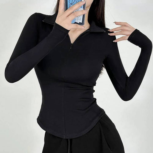 Långärmad T Shirt Dam med Dragkedja i Bomull och Spandex-1