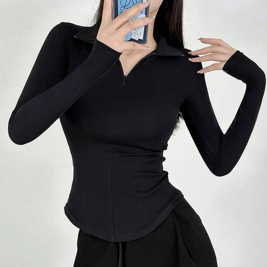 LÄngÀrmad T Shirt Dam med Dragkedja i Bomull och Spandex-1