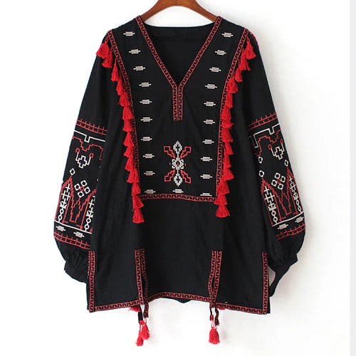 Dam Blus Rippade Sidor Bohemisk Linne och Bomull-1