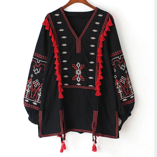 Dam Blus Rippade Sidor Bohemisk Linne och Bomull-1