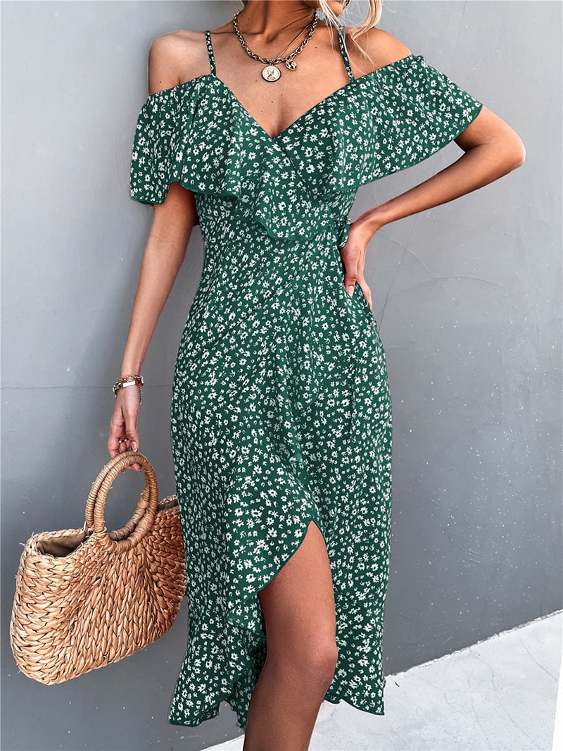 Kvinna Klänning V-ringning Utställd Polyester-6