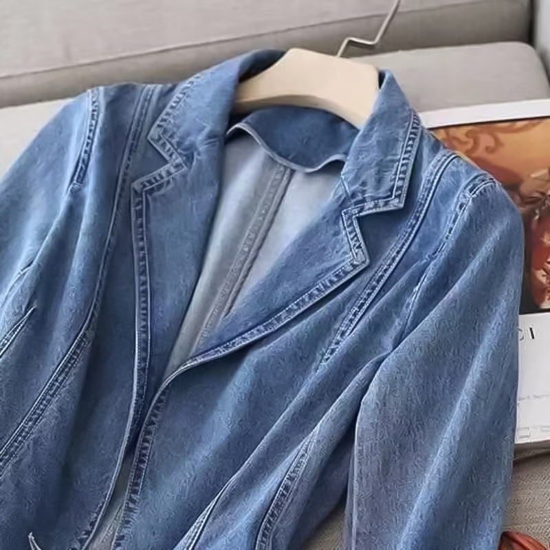 Dam Blazer Modern Denim med Reverseringskrage och Enkel Knappstängning-3