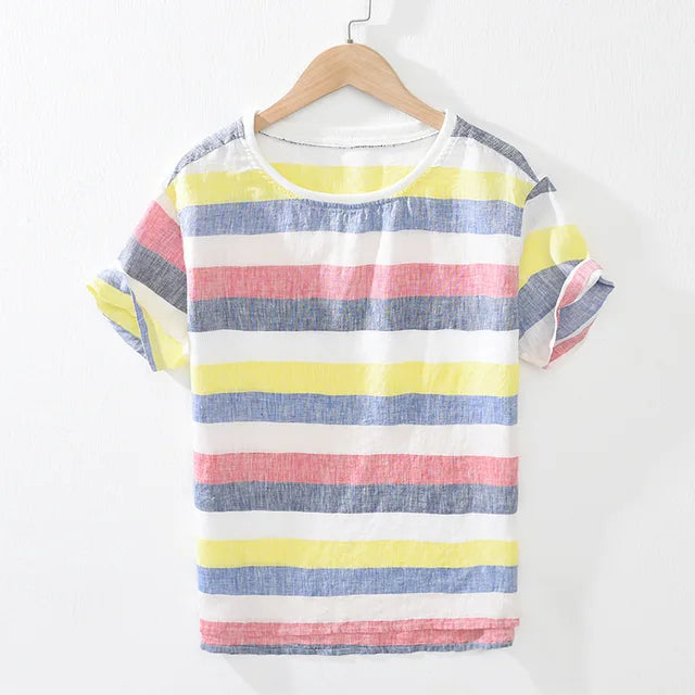 Herr T-shirt Randig Linne Kortärmad Avslappnad 5