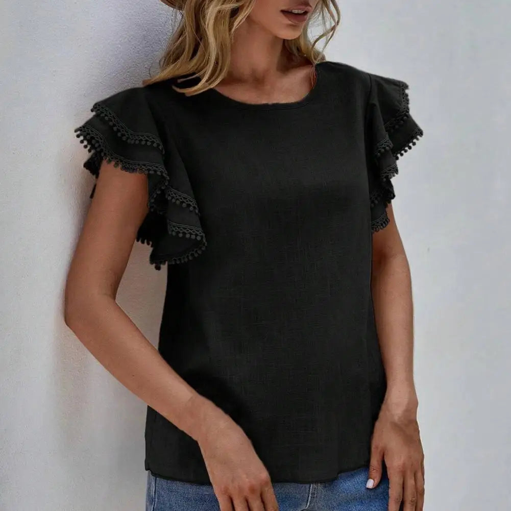 Dam Blus Rufsade Ärmar Virkade Detaljer Polyester-4