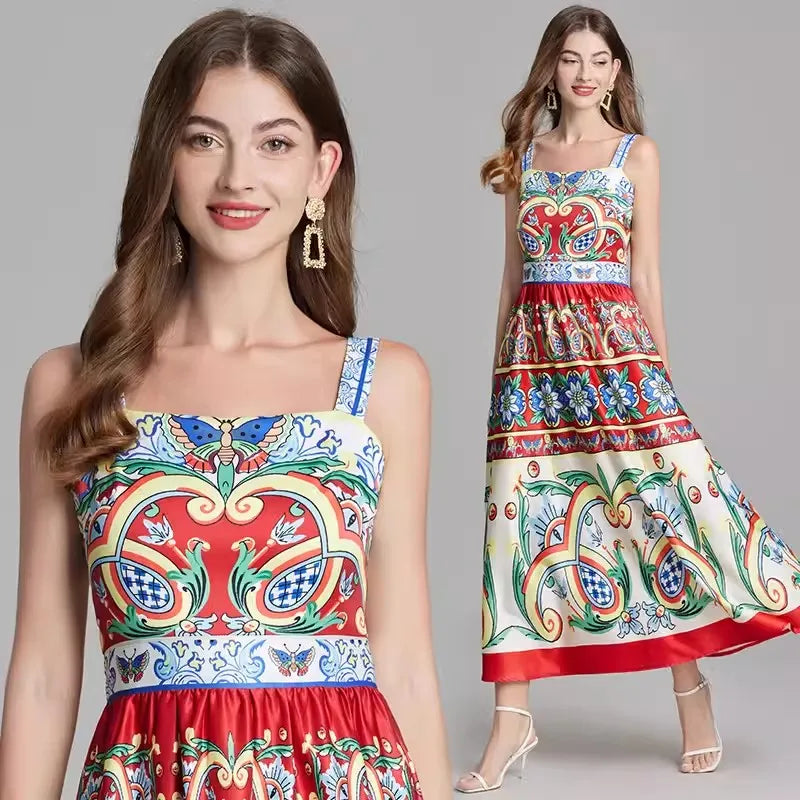 Kvinna Midi Klänning Spaghetti Band A-linje Polyester-6