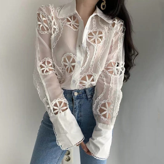 Dam Blus LÄngÀrmad Modern Design Bomull Polyester 1