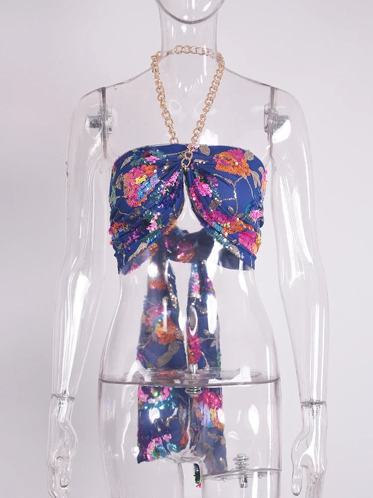 Variant image for Dam Crop Top Blommönster med Paljetter Polyester-9