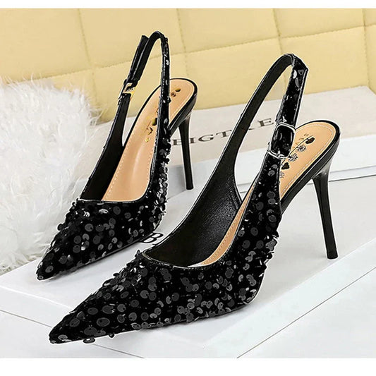 Dam Slingback Pumps Glittrande Spetsig Tå i Paljettyg-1