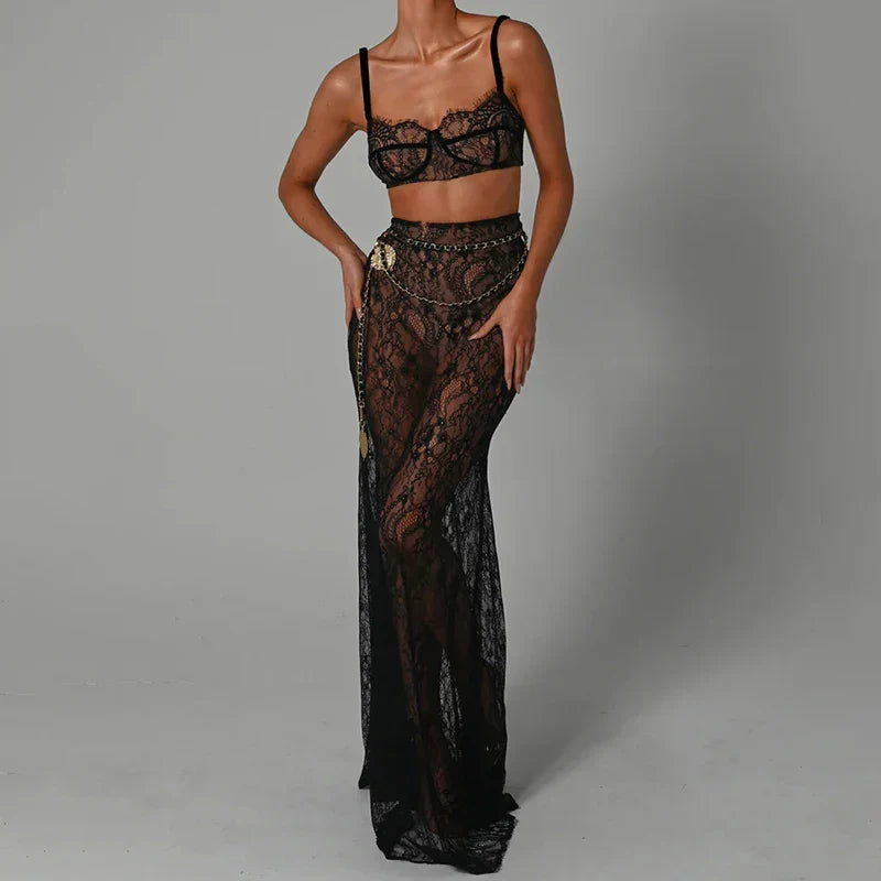 Variant image for Damklänning Set Transparent Polyester med Blus och Spetsdetaljer-4