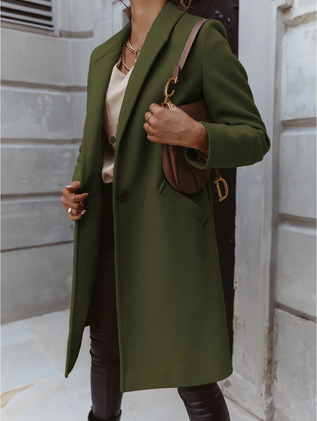 Dam Kappa Lång med Lapel Knapp Polyester-5