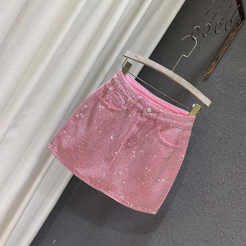 Dam Jeanskjol A-linjeformad med Strass Detaljer i Denim-2