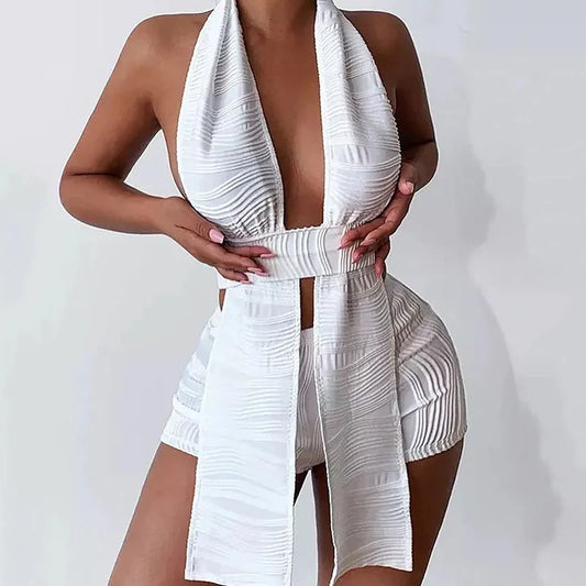 Dam Shortsuppsättning V-Hals Elastisk Polyester 1