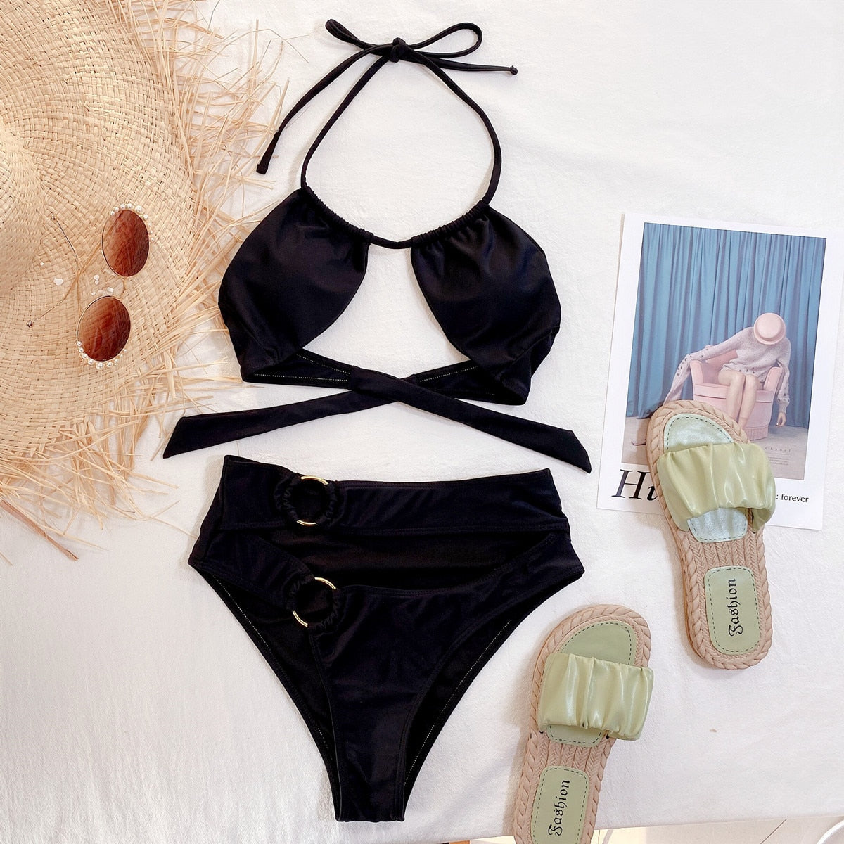 Damernas Hög Midja Bikini med Ringsmycken i Polyester 2
