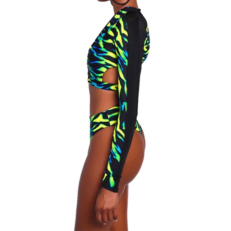 Dam Bikini Set Retro Långärmad Polyester Spandex Hög Midja-3