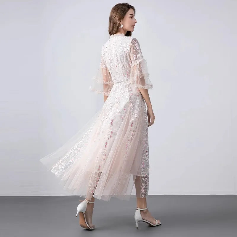 Kvinnors Midi Klänning O-Hals Bomull Polyester-3