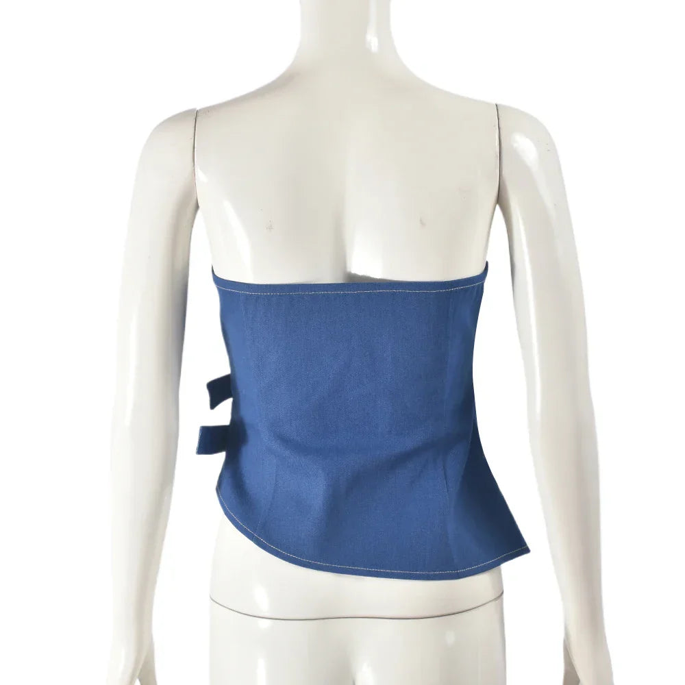 Dam Body Crop Top Denim Förförisk Halsringning-4