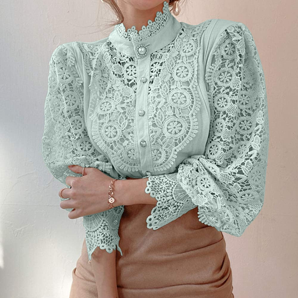 Dam Blus Blommönster Polyester och Bomull med Spetsdetalj-2