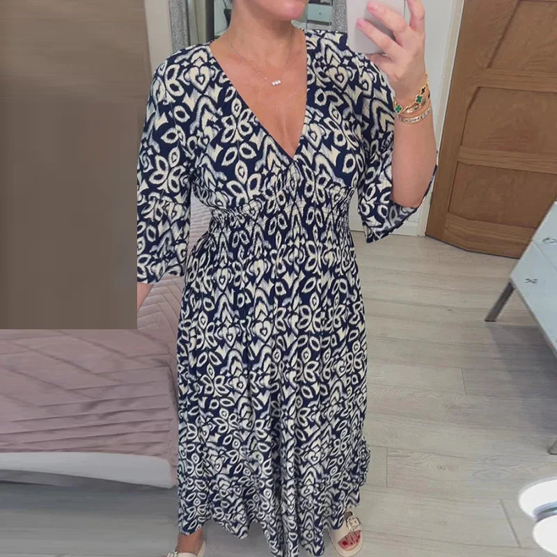 Dam Boho Klänning V-ringning 3/4 Ärmar Lätt Tyg-3