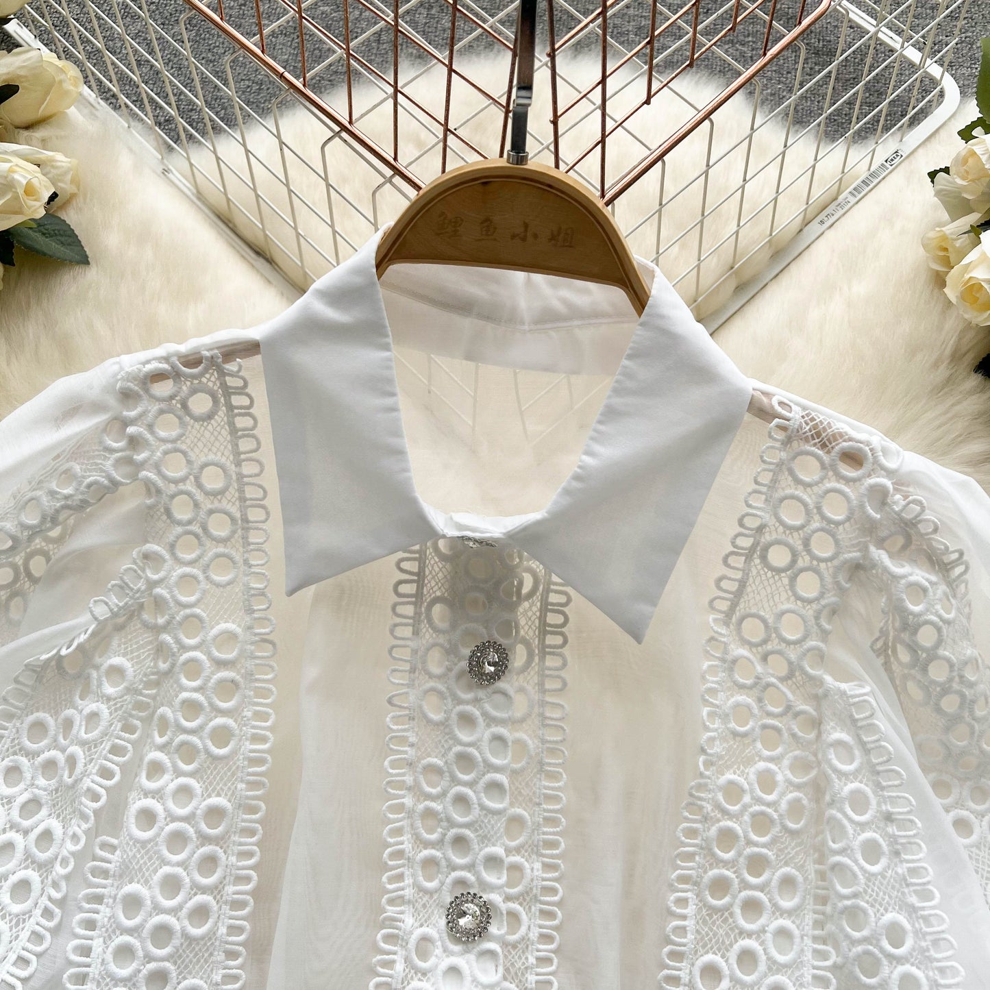 Dam Blus Puffärmar Mjuk Bomull Monokrom 3