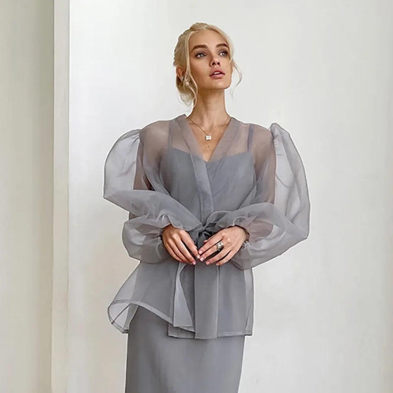 Dam Blus Transparent Organza med Länkbälte Elegant Stil-2